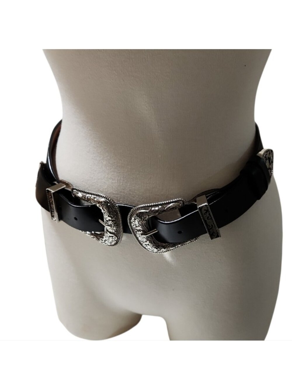 Black Leather Belt with Silver Double Buckles
